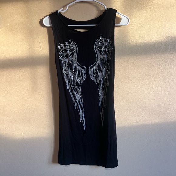 Wet Seal Tops - Wet Seal Long Black Silver Affliction Style Y2K Angel Wing Tank Top Size S Goth
